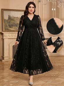 Modelyn Plus Size Elegant Solid Color Lace Long Dress - Black - View 1