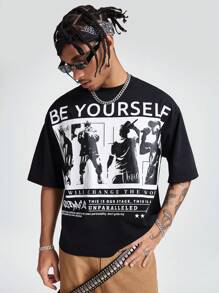 AXEPEAK 男士宽松图案及标语印花圆领短袖复古T恤，夏季，街头风