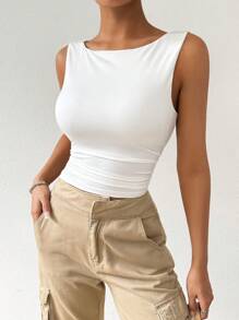 SHEIN PETITE CURVE 大码女式纯色圆领褶皱修身背心 - 白色 - 查看 5