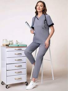 Scrubzie 2 Pieces Anti-Wrinkle Colorblock Black & Grey V-Neck Top And Pants Ladies Scrub Uniform Set - Grey - View 9