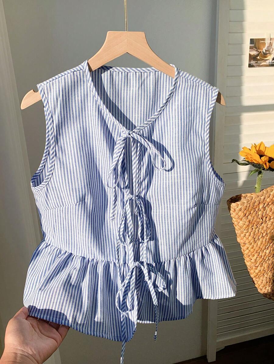 Comfortcana 女士无袖条纹休闲衬衫，简约时尚，适合日常穿着 - 寶藍色 - 查看 1