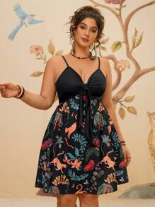 Travachic 大码假日休闲热带印花拼布吊带连衣裙 - 黑色 - 查看 5