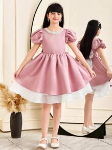 SHEIN Leap Crew Vestito elegante aderente per ragazza pre-adolescente, con collo rotondo, maniche a sbuffo e vita in vita con gonna a-line - Rosa - Visualizzare 4