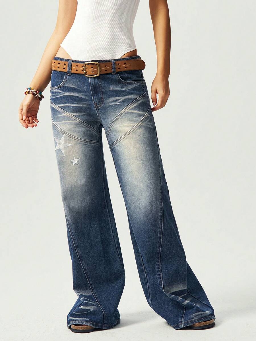 Bohemela BOHO Woven Plain Flared Denim Washed Trousers - Blue - View 1