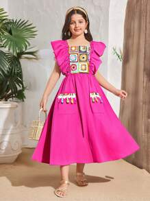 SHEIN Leap Crew Tween Girl Floral Print Ruffle Trim Pocket Patched Dress - Hot Pink - View 1