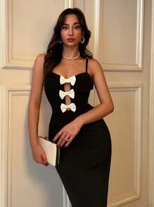 EURMUSE Women's Solid Color Bow Front Ariana Stand-Out Dress, Party Dress, Vacation Dress, Going Out Outfit - Black - View 4