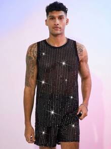 FeverCity Men's Hot Diamond Mesh Loose Round Neck Fashionable Top - Black - View 1