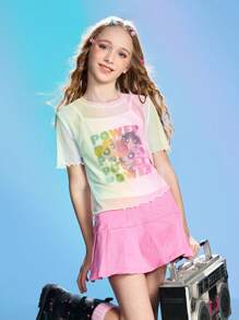 THE POWERPUFF GIRLS X SHEIN Tween Girl Ombre Letter & Cartoon Graphic Knit 2 In 1 T-Shirt - Multicolor - View 4