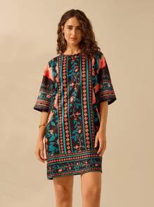 CAJUNI 女式波西米亚风热带花卉印花短款宽松休闲度假海滩夏季黑色连衣裙