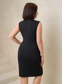 SHEIN Clasi Vestido de cóctel elegante con cuello redondo, sin mangas, ajustado, con adornos de perlas, talla grande para mujer. Vestido de fiesta elegante para mujer, vestido elegante, vestido romántico, vestido de verano para mujer, vestido de primavera para mujer