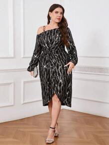 SHEIN Clasi Vestido elegante y retro con estampado dorado, mangas abullonadas, hombro asimétrico con cadena, cintura ceñida y hombro abierto con efecto de torsión, talla grande