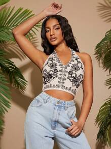 SHEIN SXY Black Embroidered Tank Top For Women, Casual Vacation Summer Beach Wear - Black - View 4