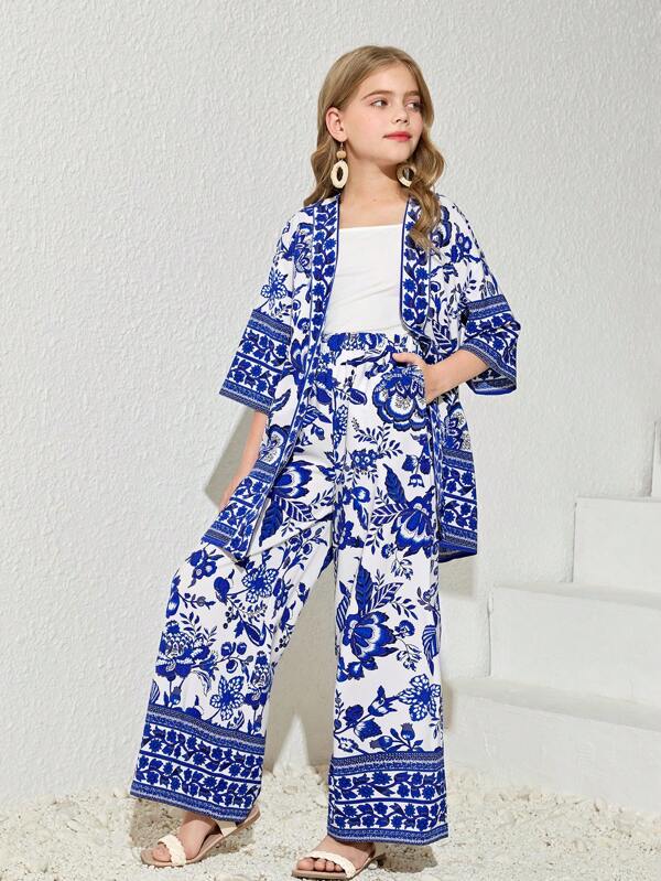 SHEIN 1 pieza Kimono con estampado floral y 1 pieza Pantalones para niña preadolescente
