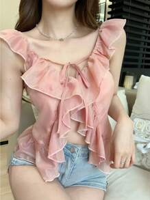 DAZY Áo cánh chiffon xếp nếp dây rút cho nữ - trắng - Xem 3