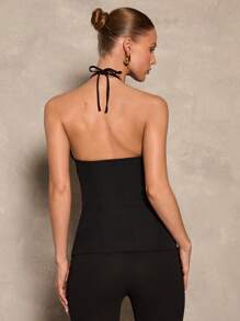 Glamine Ladies Solid Color Halter Neck Elegant Summer Top - Black - View 2