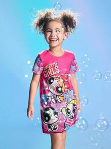 THE POWERPUFF GIRLS X SHEIN Young Girl Heart & Star Cartoon Fun Print Round Neck A-Line Knit Dress - Pink - View 8