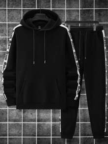 Manfinity Homme 2pcs/Set Men Hooded Sweatshirt And Pants, Casual & Fashionable For Daily Wear, Fall Clothes - Black - View 5