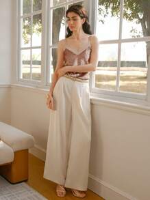 SHEIN LUNE Women's Fashion Woven Solid Color Straight Leg Casual Pants Fall Cloth For Women - Beige - View 6