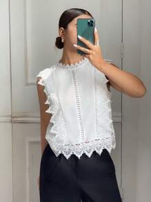 SHEIN Frenchy Guipure Lace Paneled Lock Hole Sleeveless White T Shirt Everyday Wear  Summer Outfits For Women  Summer Tops  Tube Top  Going Out Tops Women