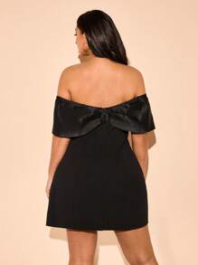 SHEIN BAE Plus Size Women's Black Button Off Shoulder Bow Satin Bardot Mini Dress, Elegant Cocktail Dress, School Dress, French Style Dress, Spring/Summer,Birthday Dresses For Women - Black - View 7
