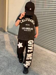 SHEIN Tween Boy Fashion Casual Y2k Gray And Black Denim Hipster Cool Monogram Design Off Shoulder Short Sleeve Street Hipster Snow Texture T-Shirt For Boy Soft Dailywear And The Spring And Summer Kids Clothes - Grey - View 3