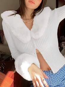 SHEIN EZwear Áo len cardigan dài tay mềm mại màu trơn cho nữ - trắng - Xem 3