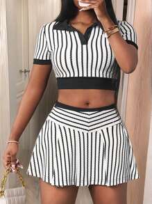 Slaydiva Spring/Summer New Music Festival Western Style Boho Easter Nashville Birthday Party Graduation Student Daily Casual All-Match Versatile Leisure Holiday Cruise Beach Sunbathing Viral Streetwear Back To School Minimalist Casual Sports Streetwear Striped Texture Pleated Women Set - Black and White - View 1