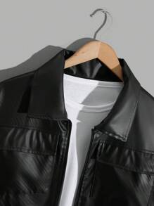 RueChic Men PU Fabric Double Pocket Zip Up Solid Regular Jacket - Black - View 3