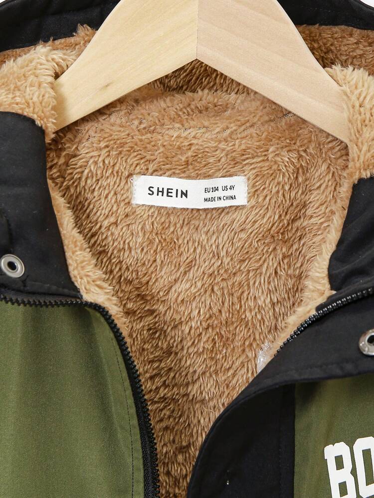 Young Boy Casual Hooded Jacket, Street Style, Korean Fashion, Digital, Boston, Letter, Patchwork, Thick, Warm Lined, Extra Padded Shoulder, Perfect For Autumn & Winter