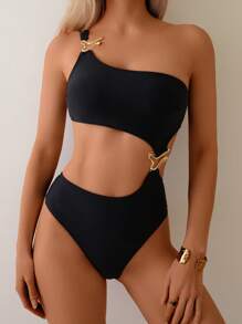 SHEIN Swim Women Beachwear Summer Outfits For Women Black Hollow One-Piece Swimsuit Asymmetrical Neck High Waist Special-Shaped Heart Accessories One-Piece Swimsuit Vacation