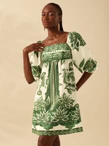 CAJUNI Women's Boho Tropical Green Plant Print, Lantern Sleeve Short Mini Dress, Casual Beach Summer Dress