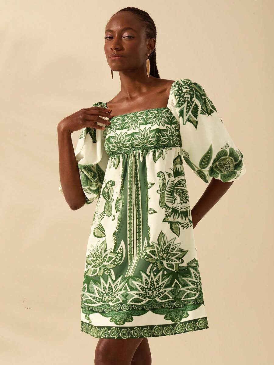 CAJUNI Women's Boho Tropical Green Plant Print, Lantern Sleeve Short Mini Dress, Casual Beach Summer Dress