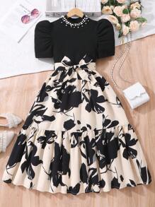 SHEIN Tween Girl Casual Printed Pattern Cinched Waist Dress, Suitable For Daily Wear And Commuting - Multicolor - View 9