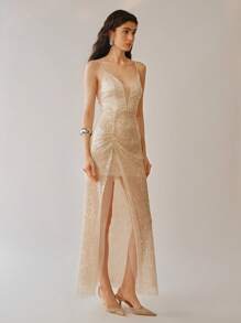 Uhlyne Women's Deep V-Neck Sequin Cami Backless Split Hem Elegant Dress