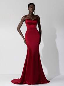 Elitara Elegant Angora Red Lustrous Satin Spaghetti Strap High Waist Slim Fit Backless Criss-Cross Tie Mermaid Tail Formal Evening Gown, Wedding Guest Dress Dress, Party Dress - Burgundy - View 7