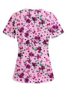 PopScrub Women's Floral Print Bowknot , Heart, Moon Healthcare Scrub Uniform Tops