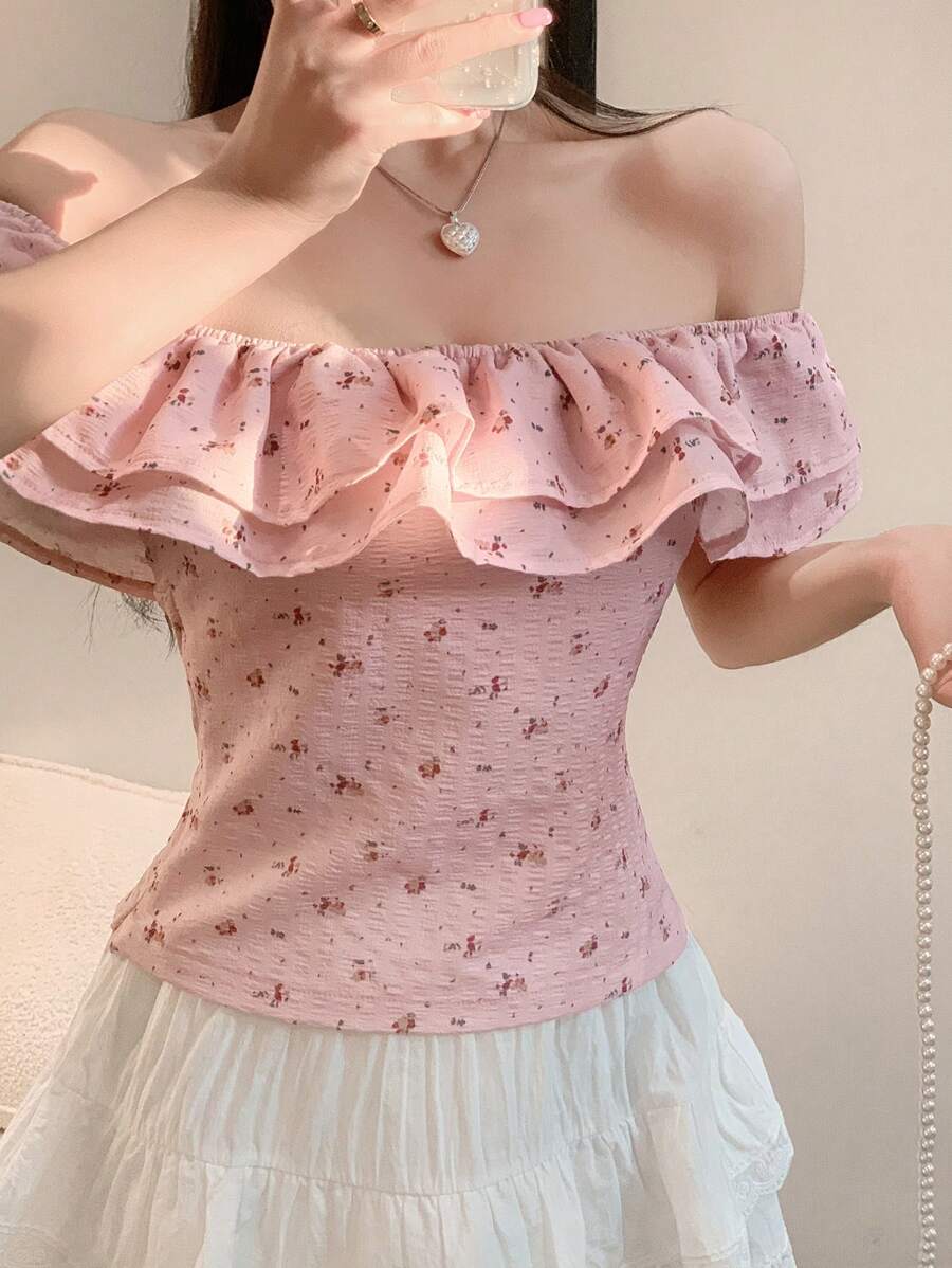 DAZY 女式夏季全身碎花荷叶边露肩短款衬衫，露肩上衣