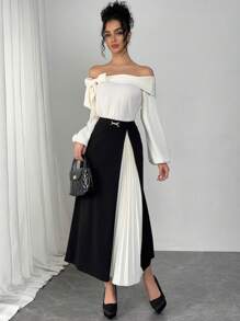 Modelyn Women's Elegant Off Shoulder Pleated Skirt 2 Pieces Set, Suitable For Work, Party And Daily Wear