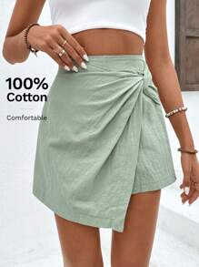 SHEIN Frenchy Của phụ nữ Màu thuần Xoắn Nút Viền bất đối xứng Váy quần - màu xanh lá - Xem 1