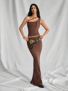 SHEIN Unity Set da 2 pezzi in stile boho per donna, composto da un top monospalla con vita in vita plissettata e una gonna lunga e asimmetrica a vita bassa a coda di pesce, dal colore caffè, adatto per festival musicali. - Caffè Marrone - Visualizzare 4