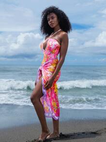 SHEIN Swim Bộ đồ bơi 2 mảnh cho kỳ nghỉ xuân, hàng mới về, váy yếm buộc sau lưng họa tiết nhiều màu, trang phục thường ngày dự tiệc, ngày lễ, phong cách Boho, váy che đi biển & đồ bơi một mảnh, đồ bơi đi biển cho nữ - Nhiều màu - Xem 2