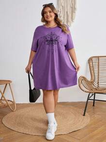 SHEIN CURVE+ 大码音乐节T恤，休闲简约大码莲花净色圆领宽松短袖连衣裙，适合夏季穿着 - 紫色 - 查看 6