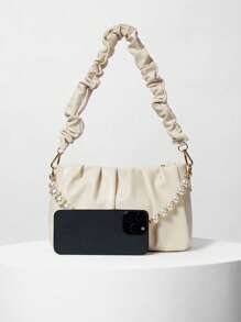 Faux Pearl Beaded Ruched Bag Winter Gifts - Beige - View 4