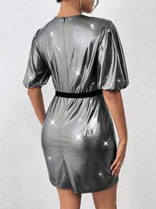SHEIN Unity 女士优雅镀银天鹅绒蝴蝶结装饰时尚连衣裙 - 深灰色 - 查看 2