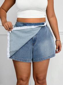 SHEIN EZwear Culotte vaquero casual con volantes para mujer de tallas grandes - Azul lavado medio - Ver 5