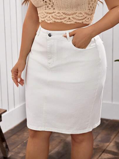 EMERY ROSE Plus Size Simple Solid Color Casual Versatile Denim Skirt