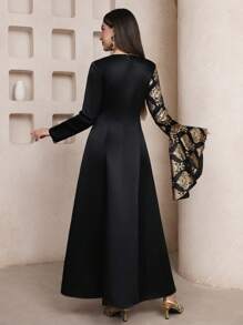 Al Najma Women's Elegant Foil Floral Print Flare Sleeve Arabic Style Dress, Arabian Dresses,Modest - Multicolor - View 5