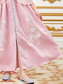 Vestido largo de satén con cinta de lurex adornada y bordado para niña preadolescente, cuello redondo, botones abiertos, cinta de seda dorada y plateada adornada, bordado decorativo estilo chal, día de San Valentín, niña preadolescente, vestido de niña de las flores, Ramadán, Eid Al-Adha, vestido rosa - Rosa - Ver 8