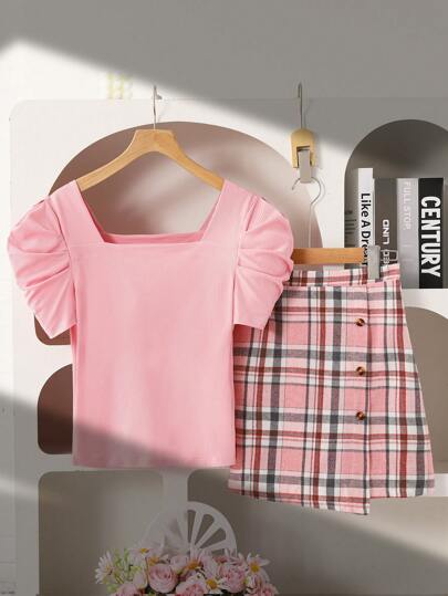 Holiday,Summer,TravelTeen Girltwo-Piece Set, Buy One Get Two, Casual Elegant Pink Square Neck Puff Sleeve Knitted Top Short Style, Pink Plaid Skirt Two-Piece Set, Spring, Summer And Autumn, Vacation Leisure To School