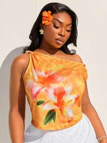 SHEIN SXY Plus Size Women's Spring And Summer Asymmetrical Shoulder Short Style Blooming Large Flower Print,Suitable For Early Spring, Spring And Summer, Rainforest, Beach Party, Seaside Vacation, Bonfire Party, Cool And Light, Slim Fit, Comfortable To Wear,Easy To Match&Looks Slim,Accent Your Body,Flatter The Figure